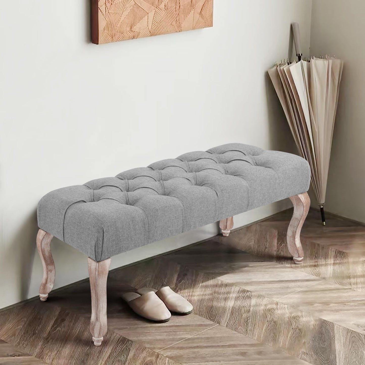 DAGONHIL Bedroom End of Bed Bench Entryway Footstool Window Bench Button-Tufted Footrest Vintage Bench Fabric Rubber Wood Indoor Bench Gray