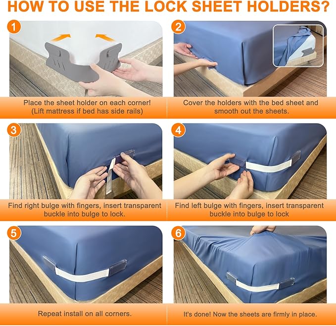 Bed Sheet Holders for Corners, Heavy Duty Fitted Sheet Holder with Lock Fastener Straps &Anti-Slip Pads Keep Sheets Firm&Tight, No More Loose Sheets, Easy Installation for Any Mattress Sizes(Set of 4)