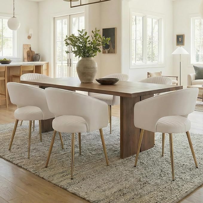 COMULER Cream Velvet Dining Chairs Gold Legs, Modern Dining Room Chairs with Arms Set of 4 Upholstered Accent Chair Armchair with Barrel Back for Kitchen Living Room