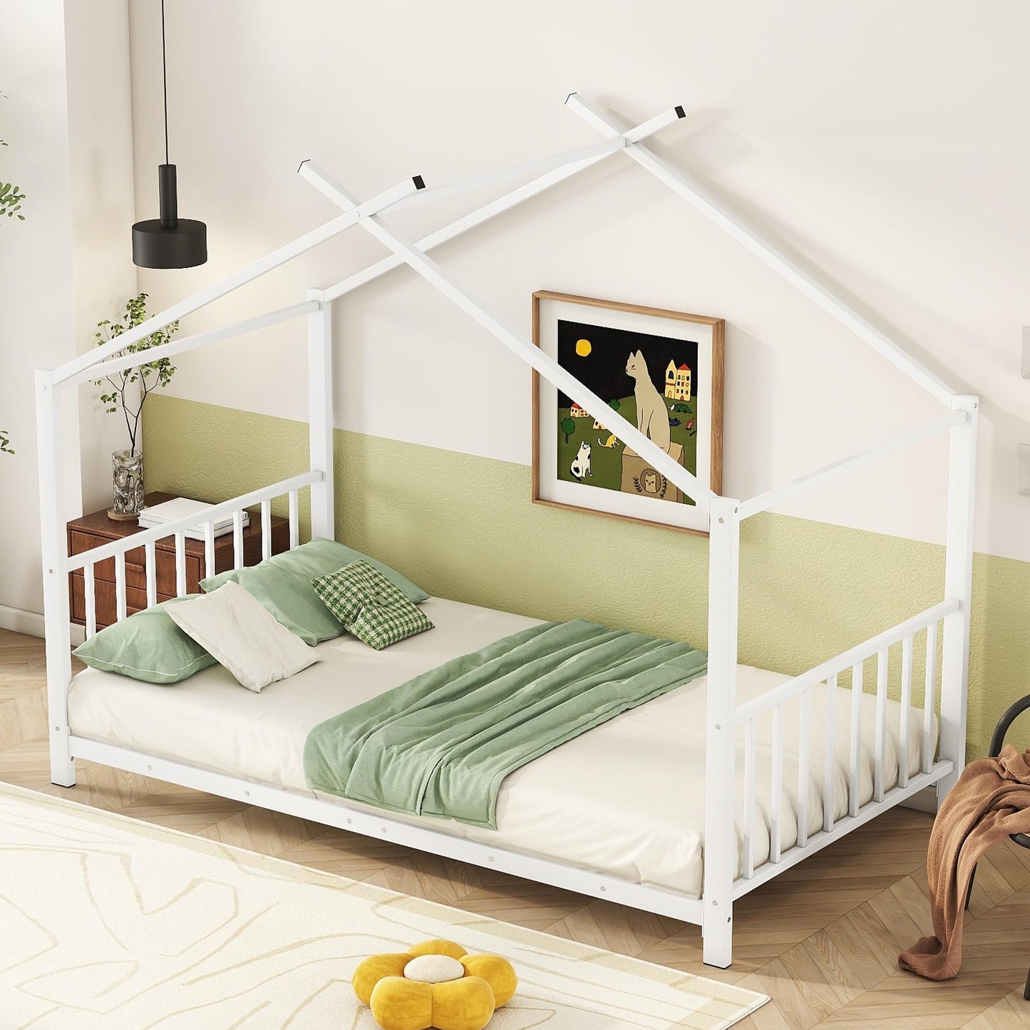 Twin Size Kids Montessori Floor Bed,House Bed Frame with High Headboard,Twin Floor Bed with Roof for Boys Girls,Floor Bed Metal Frame (White)