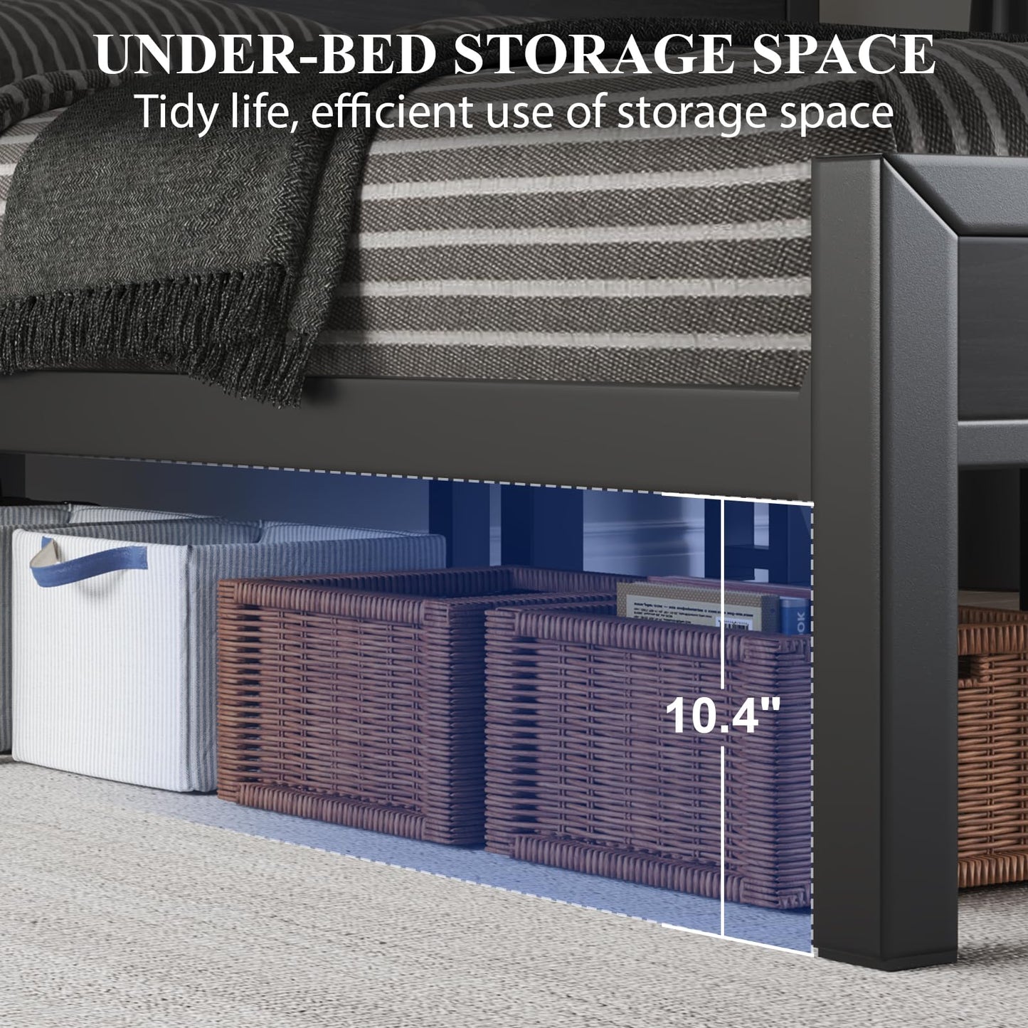 King Size Bed Frame with Storage Headboard, Industrial Platform Bed with Charging Station and LED Lights, Heavy Duty Metal Slats, No Box Spring Need, Noise Free, Black