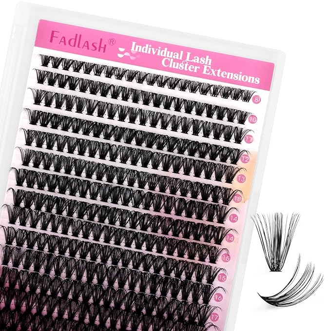 FADLASH Lash Extension Kit 40D Lash Clusters C Curl Lash Cluster Kit DIY Eyelash Extension Kit with Lash Bond and Seal Lash Tweezer 3D Fluffy Cluster Lashes (Kit, 40D-0.07C-Mix8-20)