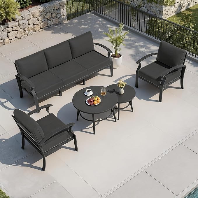RTDTD Aluminum Outdoor Patio Furniture Set,5 Seats Patio Conversation Sets with 2 Round Coffee Tables,Metal Patio Sectional Furniture Set with 5.1" Thickened Cushions,Black