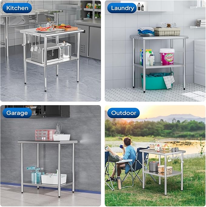 ROVSUN 36'' x 24'' Stainless Steel Table for Prep & Work,Commercial Worktables & Workstations, NSF Heavy Duty Metal Table with Adjustable UnderShelf for Kitchen Restaurant, Home, Hotel, Outdoor