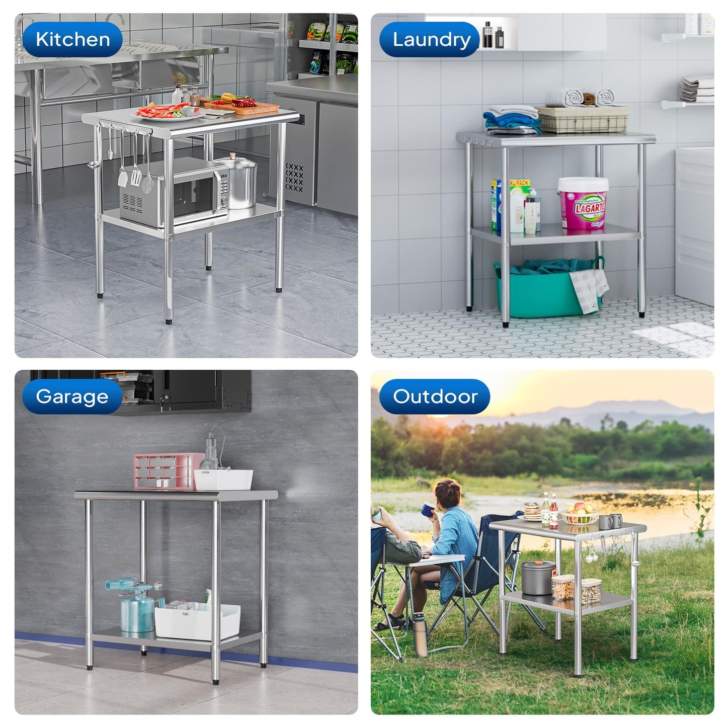ROVSUN 36'' x 24'' Stainless Steel Table for Prep & Work,Commercial Worktables & Workstations, NSF Heavy Duty Metal Table with Adjustable UnderShelf for Kitchen Restaurant, Home, Hotel, Outdoor