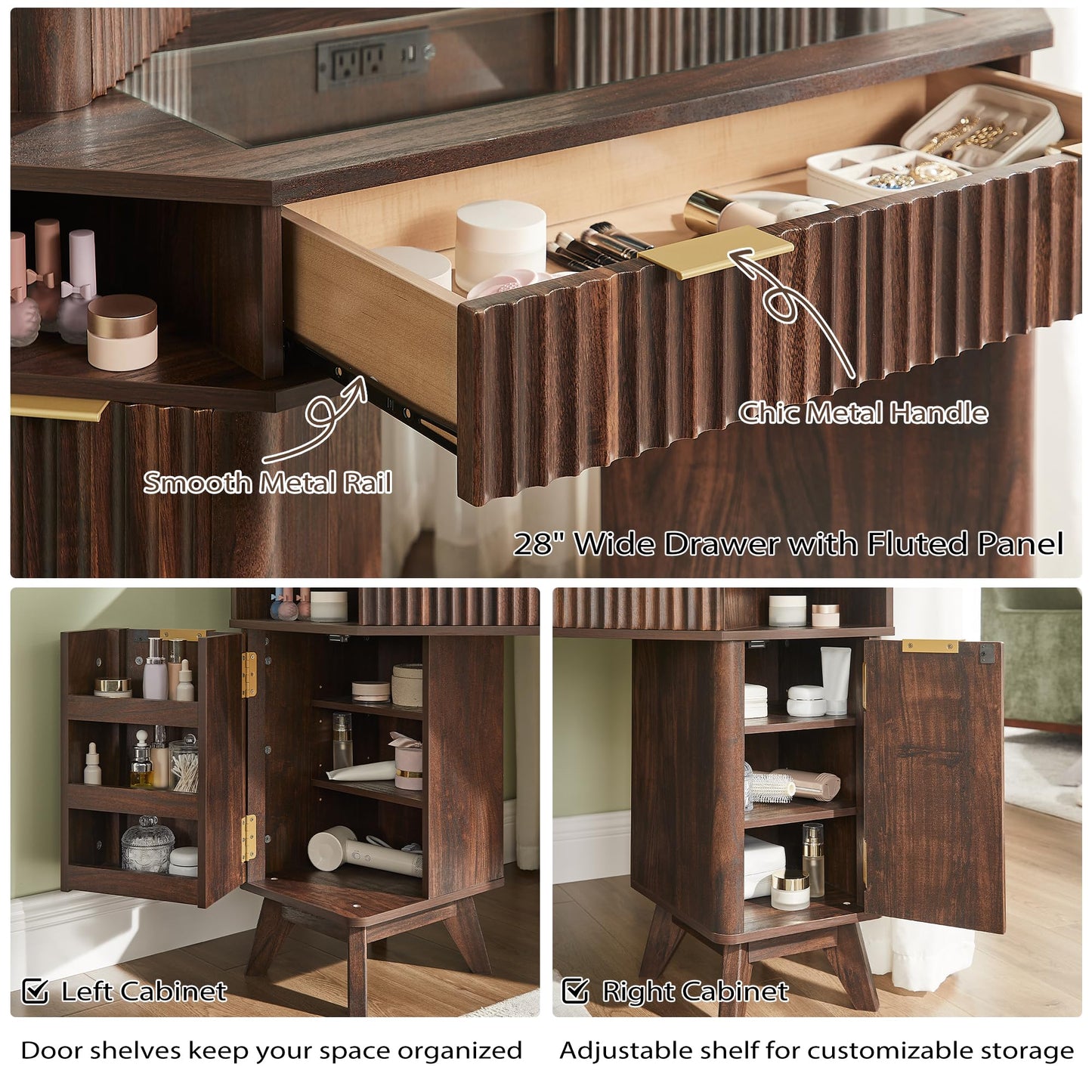 T4TREAM Fluted Makeup Vanity Desk with 3 Way Mirror and Lights, 48" Large Corner Vanity Table with Glass Top, Charging Station, 3 Drawers, Storage Cabinets & Shelves, for Bedroom, Dark Walnut