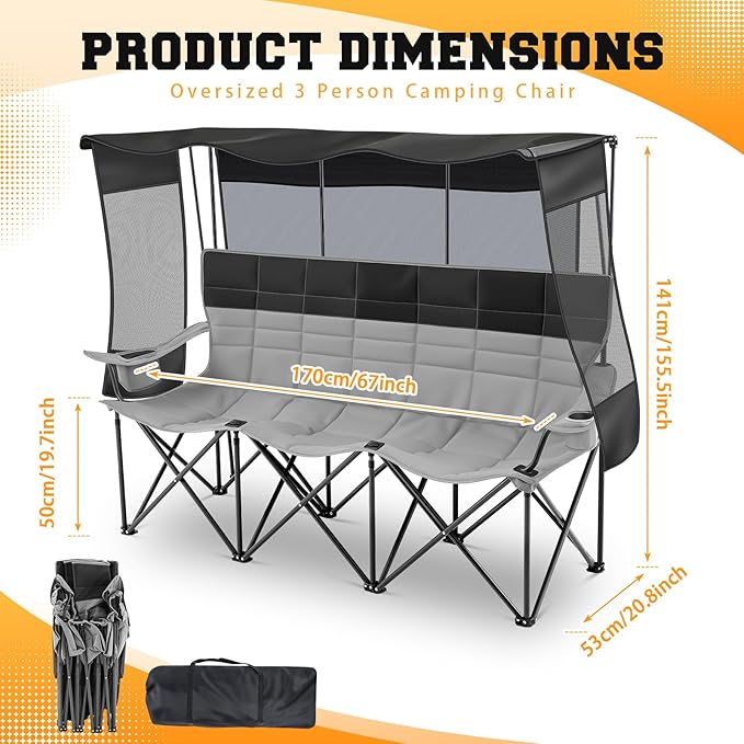 Teenyyou 3 Person Camping Chair with Canopy Shade Fully Padded Folding Outdoor Oversized Sofa, Heavy Duty Couch with Cup Holder and Carry Bag (Black and Grey,3 Person,Canopy Camp Chair)