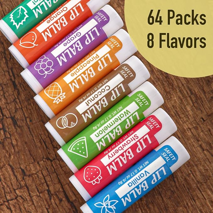 64 Pack Lip Balm, Natural Lip Balm Bulk with Vitamin E and Coconut Oil, Moisturizing Lip Balms for Dry Cracked Lips, Lip Balms for Stocking Stuffers - 8 Flavors