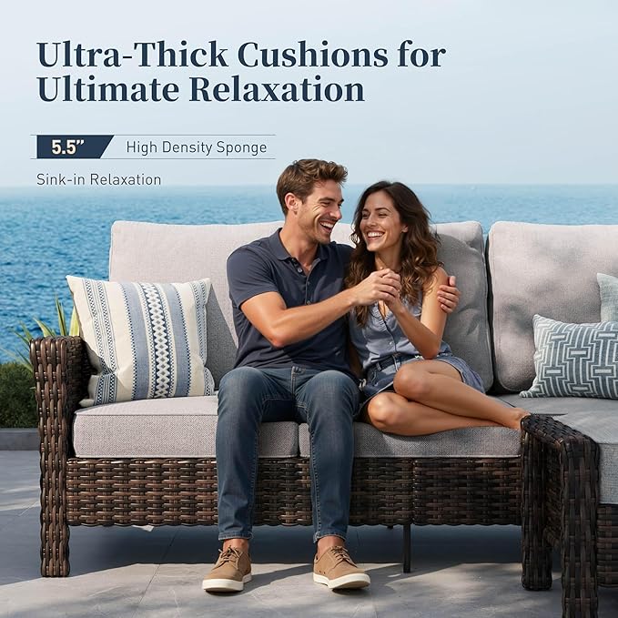 SUNSHINE VALLEY Patio Furniture Set with Swivel Chairs, High Back Wicker Rattan Furniture with 5.5" Thick Cushions and Coffee Table, Outdoor Conversation Set for Backyard Deck,5 Seats, Grey