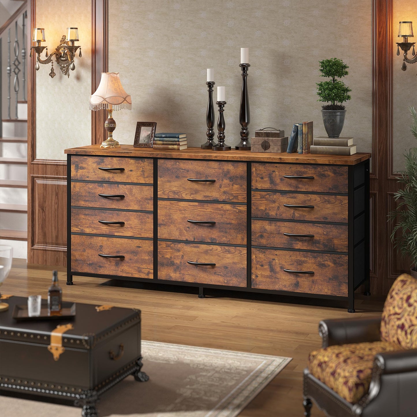 Romorgniz Dresser for Bedroom with 11 Fabric Drawers, Dresser TV Stand for 50, 55 Inch TV, Sturdy Storage Dressers & Chests of Drawers for Closet, Entryway (Rustic Brown)