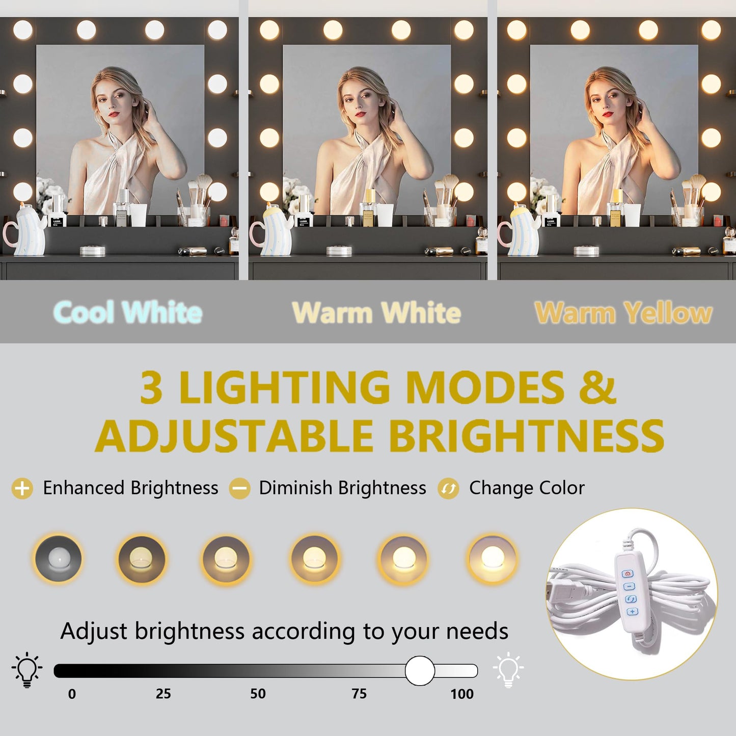 Vanity Desk with Mirror and Lights, Makeup Dressing Table Set with Storage Drawers & Stool, Power Outlet, 3 Lighting Modes Adjustable Brightness & RGB Ambient Light for Women Girls Bedroom, Black