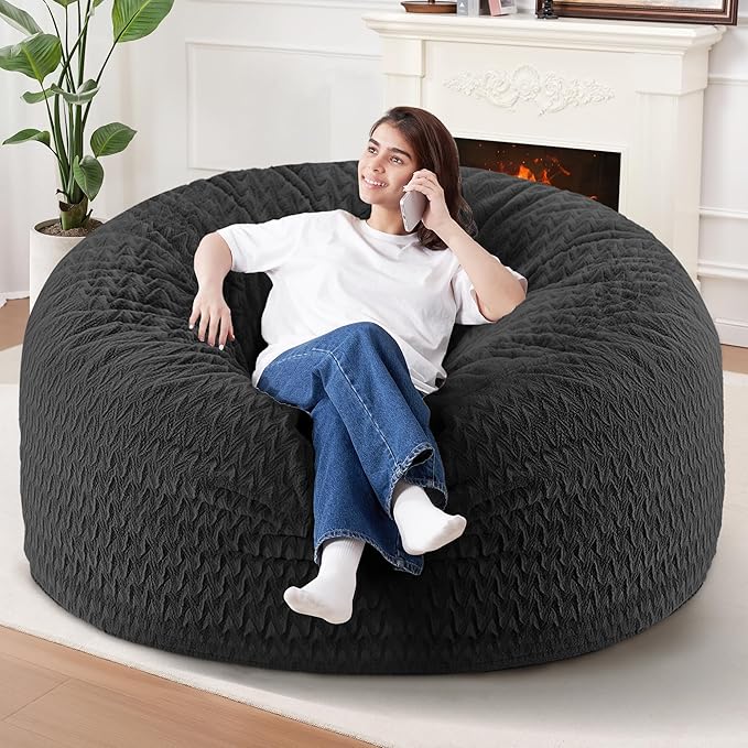 HABUTWAY 5FT Bean Bag Chair,Giant Bean Bag Chairs for Adults,Big Bean Bags with Memory Foam Filled, Large Beanbag Chairs with Chevron Plush Cover-Black
