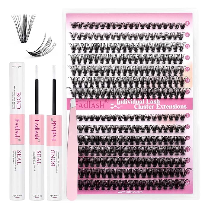 FADLASH Lash Clusters Kit DIY Eyelash Extension Kit 240Pcs 30D+40D Eyelash Clusters D Curl with Lash Bond and Seal Lash Tweezer Individual Lashes Kit (30D+40D-8-16mm, Kit)