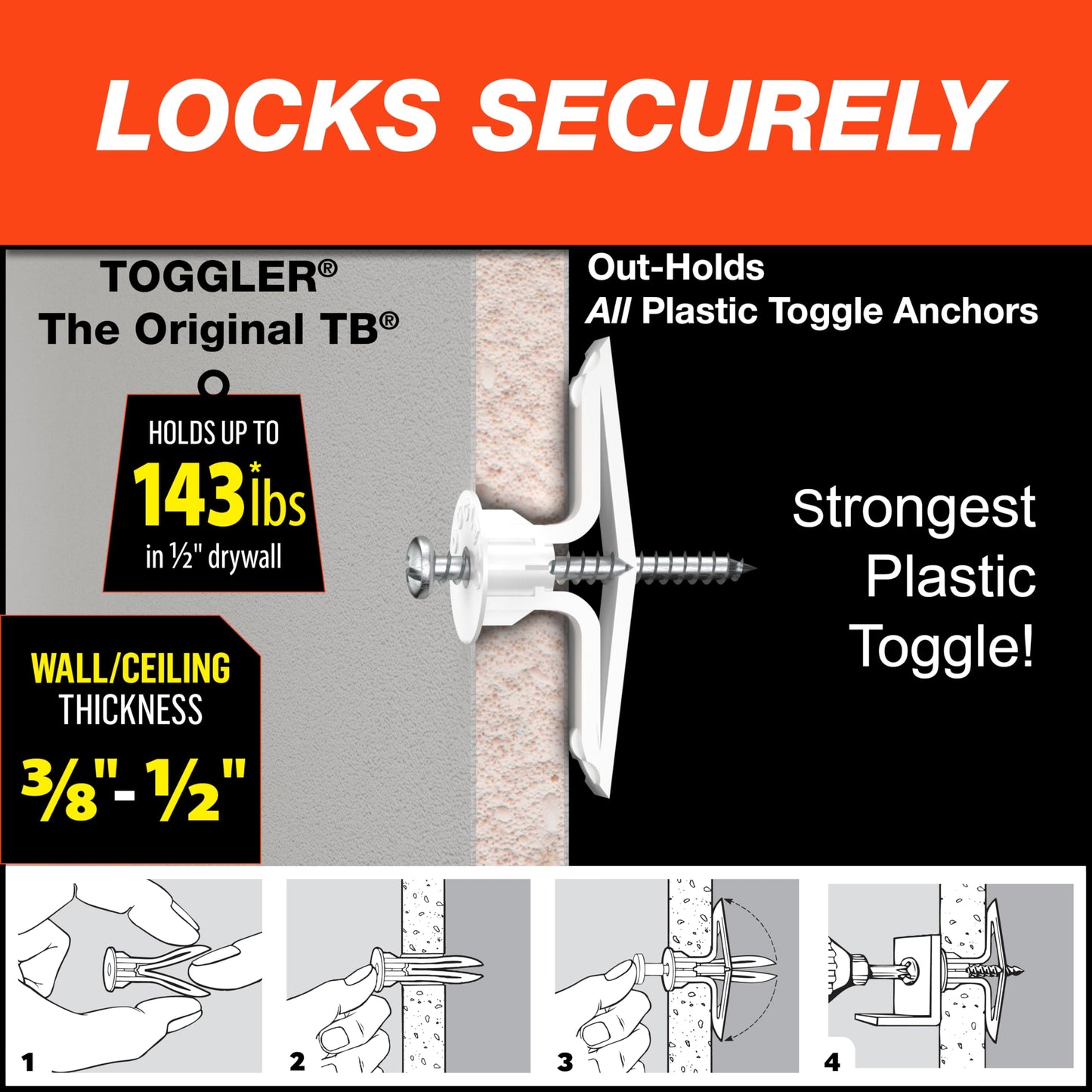 TOGGLER Toggle TB Residential Drywall Anchor, Polypropylene, Made in US, 3/8" to 1/2" Grip Range, For #6 to #14 Fastener Sizes (Pack of 100)