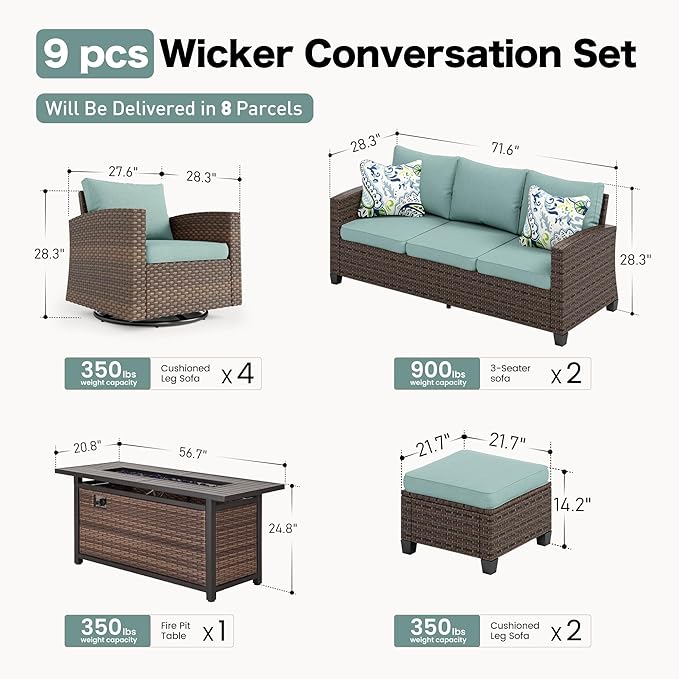 SUNSHINE VALLEY Swivel Glider Patio Furniture Set Outdoor Furniture Brown Wicker Rattan Patio Conversation Sets with Cushion Outside Sofa Set,8 Pieces with Rectangular Firepit Table,12 Seats,Blue