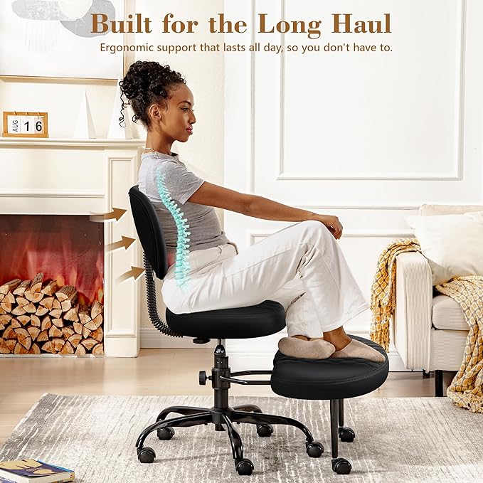 AtHope Ergonomic Cross Legged Office Chair with Wheels - Adjustable Height for Meditation, ADHD Desk & Yoga - Wide Criss Cross Design with Lumbar Support, Kneeling Chair - Upgraded Black
