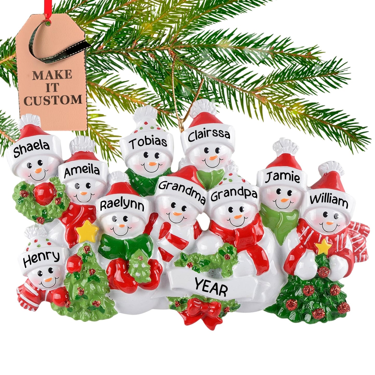Personalized Large Family of 10 Ornament 2025 | Free 24h Customization | Laser Engraved Snowman Christmas Ornaments for Tree | Custom Gift Wrapped Festive Holiday Keepsake for Ten Persons