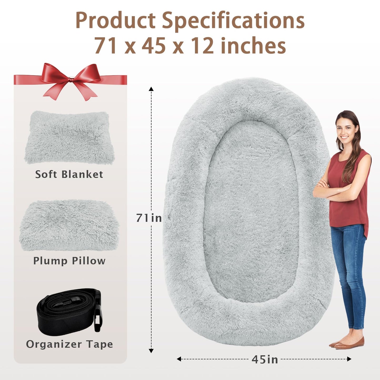 ROOMTEC Human Dog Bed, 71''x45''x12'' Size Fits Adult and Pet Washable Giant People Dog Bed 10 CM Thick Memory Foam Large Oversize Pet Bed with Plump Pillow, Blanket, Strap - Grey