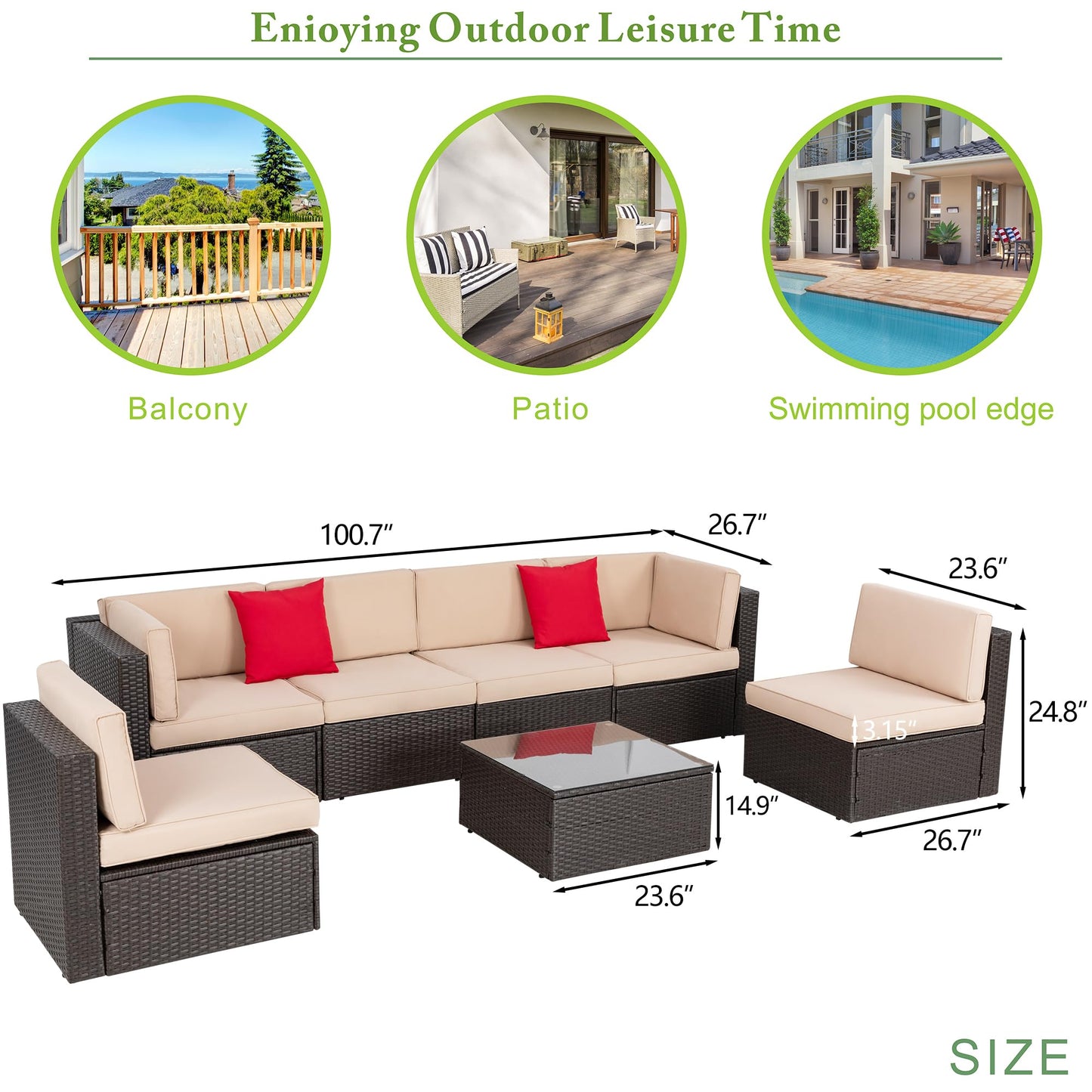 Vongrasig 7 Pieces Patio Furniture Sets, Outdoor Modular Sectional Sofa Patio Conversation Set PE Rattan Wicker Sectional Couch with Cushion, Glass Table for Patio, Garden, Poolside, Beige