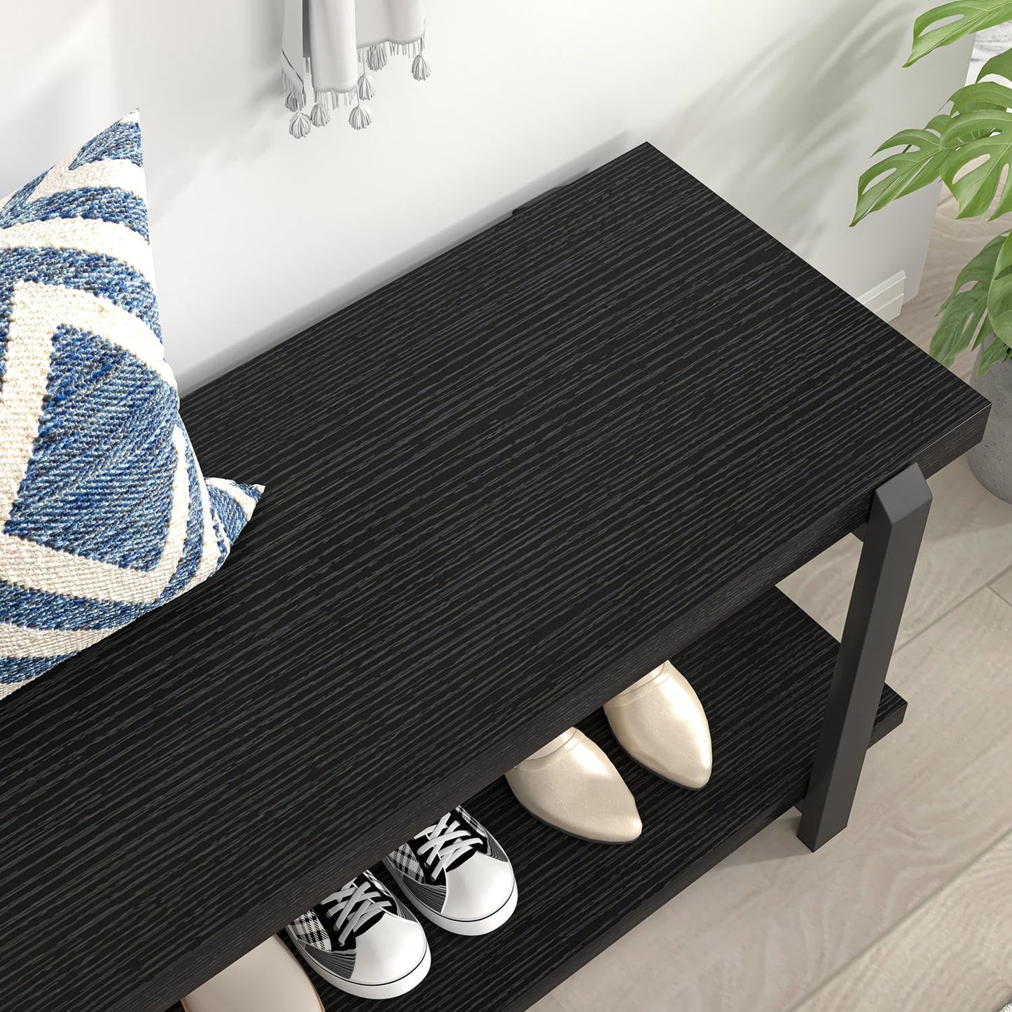 EXCEFUR Entryway Bench, Modern Wood and Metal Storage Bench for Hallway, Industrial Indoor Shoe Rack Bench Seat for Living Room Bedroom, Black Oak 47 Inch Long