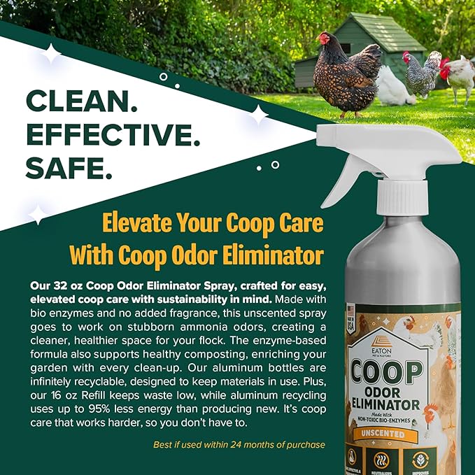 Coop Odor Eliminator Spray- All-Natural, Unscented Enzyme-Based Formula for Poultry | Neutralizes Ammonia, Supports Composting & Sustainable Coop Care | Safe for Chickens & Flocks