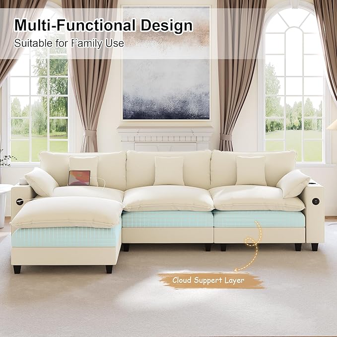 KCGKCG 116" Modular Sectional Sofa, L Shaped Cloud Couch with Movable Ottoman, Chenille Deep Seat Cloud Sofa with Charging Station, Cup Holder, Side Pocket, Sectional Couches for Living Room, Beige
