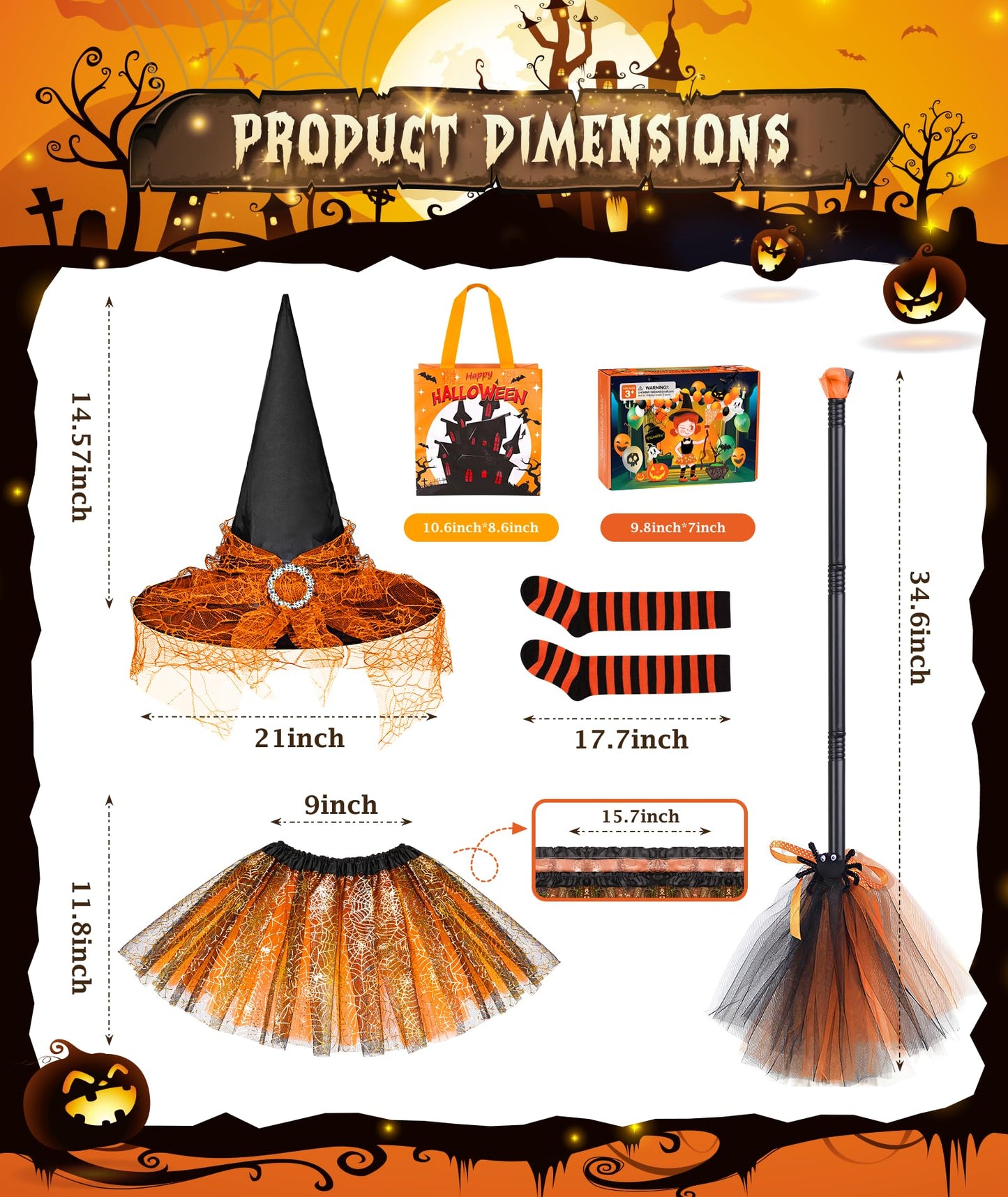 Jeowoqao Girls Halloween Dress up，Light up Witch Costume for Girls, Witch Skirt Broom Hat Treat Bag for Toddler Aged 3 4 5 6