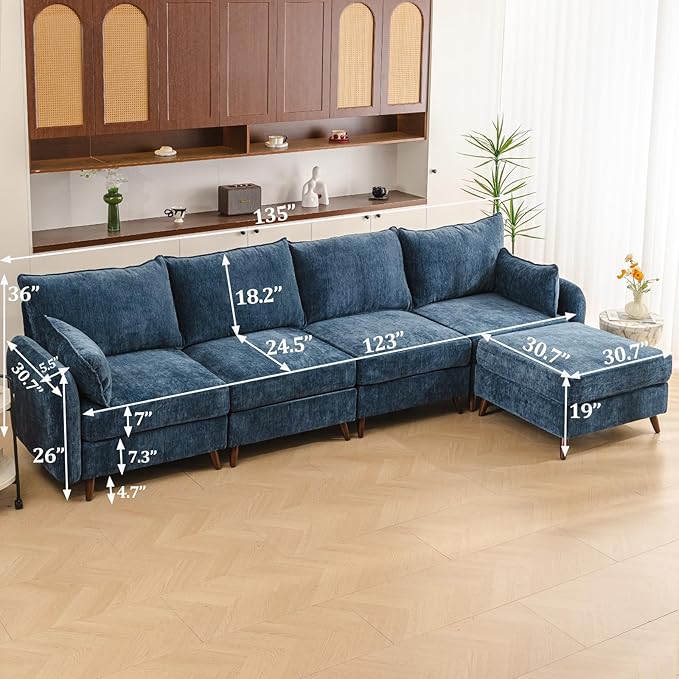 Rexulqo 135'' Modular Sectional Sofa with All Seats Storage, Oversized L Shaped Couch,4-Seater Comfy Cloud Couches with Movable Ottoman,24.5'' Deep Seat,Big Sofas for Living Room,Bedroom,Velet,Blue