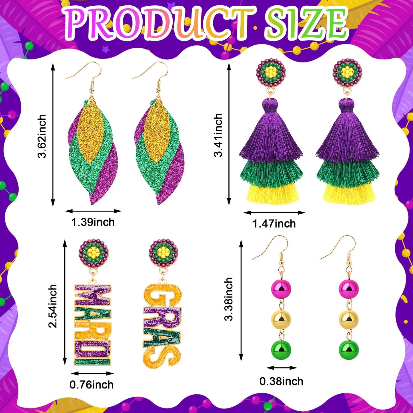 DTOFOOT 4 Pairs Mardi Gras Enamel Earrings for Women Carnival Stud Earrings Beaded Mask Fleur De Lis Crown Drop Dangle Set for P