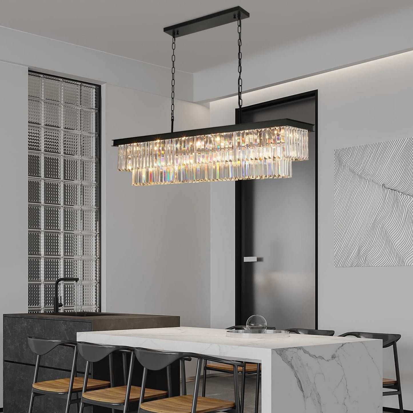 Weesalife Crystal Chandeliers for Dining Room Light Fixtures Over Table，18-Lights Black Modern Rectangle Chandeliers for Kitchen Island Bar L46 Inch