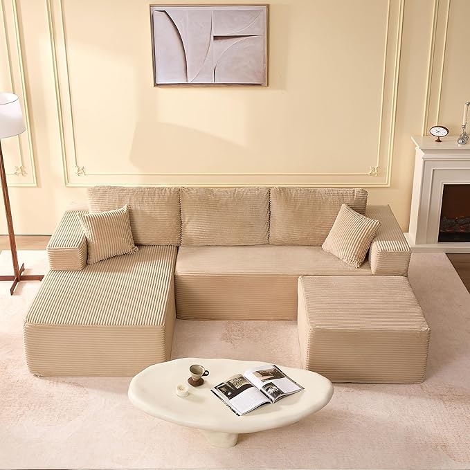 Afuson 107" Boneless Couch with Deep Seat, Modular Sectional Sofa, Cloud Sectional Couch for Living Room, No Assembly Required, Corduroy, U-Shape 3 Seater Left, Camel