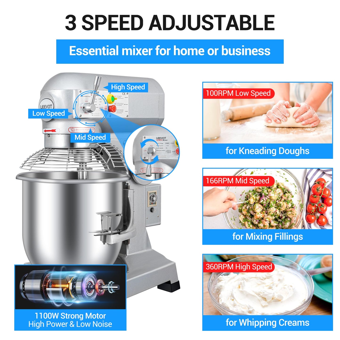 LEEVOT 20 qt 1100W Commercial Food Mixer, Commercial mixer 3-Speed Adjustable Heavy Duty Stand Mixer with Stainless Steel Bowl for Bakery Pizzeria. (Stand)