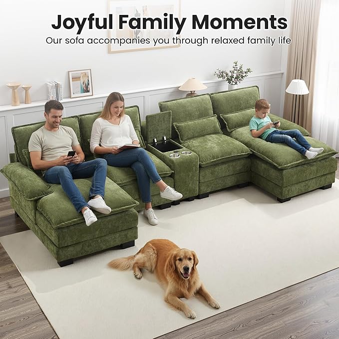 125" U Shaped Cloud Modular Sectional Couch for Living Room, Small Comfy Chenille Sofa with Double Chaise Lounge, Storage Central Console, Cup Holders, USB Port,Green