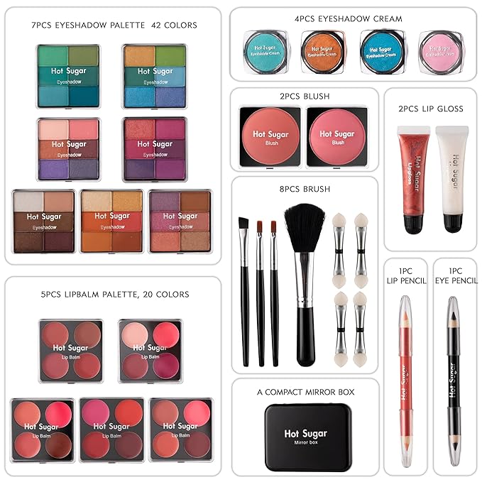Hot Sugar Makeup Kit for Teenager Girls - Full Starter Cosmetics Set with Eye Shadow Lip Balm Blush Lip Gloss Brush Lip Pencil Eye Pencil and Mirror (Gold Check)