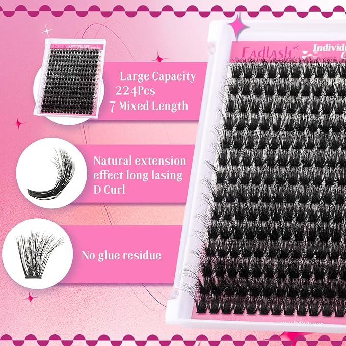 FADLASH Lash Extension Kit 100D Lash Clusters C Curl Lash Cluster Kit DIY Eyelash Extension Kit with Lash Bond and Seal Lash Tweezer 3D Fluffy Cluster Lashes (Kit, 100D-0.07C-Mix12-18)