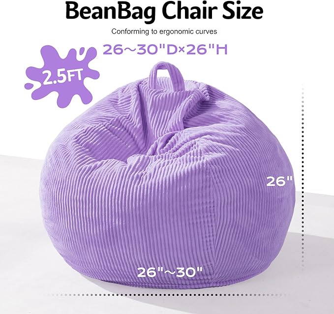 Homguava 2FT Bean Bag Chair,Teardrop Bean Bags Small Beanbag Chair with Memory Foam Filled and Ultra Soft Corduroy Cover for Living Room, Bedroom (Purple)