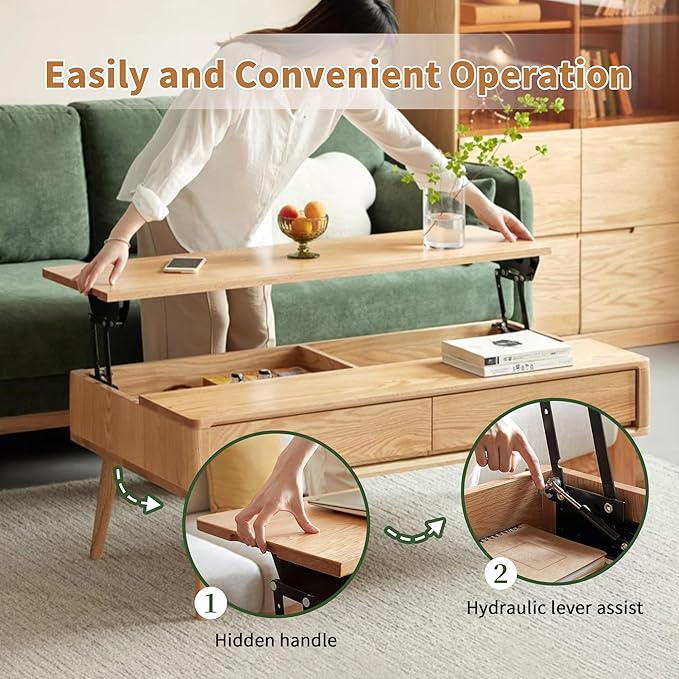 QKFF Wood Lift Top Coffee Table, 100% Solid Oak Wood Small Rising Dining Center Tables with Storage Shelf and Hidden Compartment for Living Room 48D x 26W x 26H