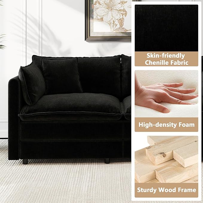 Aoowow Modular Sectional Sofa Modern Convertible Loveseat Couch,77.16 Inch Deep 2-Seater Sofas Comfy Chenille Cloud Sofas and Couches Set with Movable Ottoman for Living Room Apartment（Black）