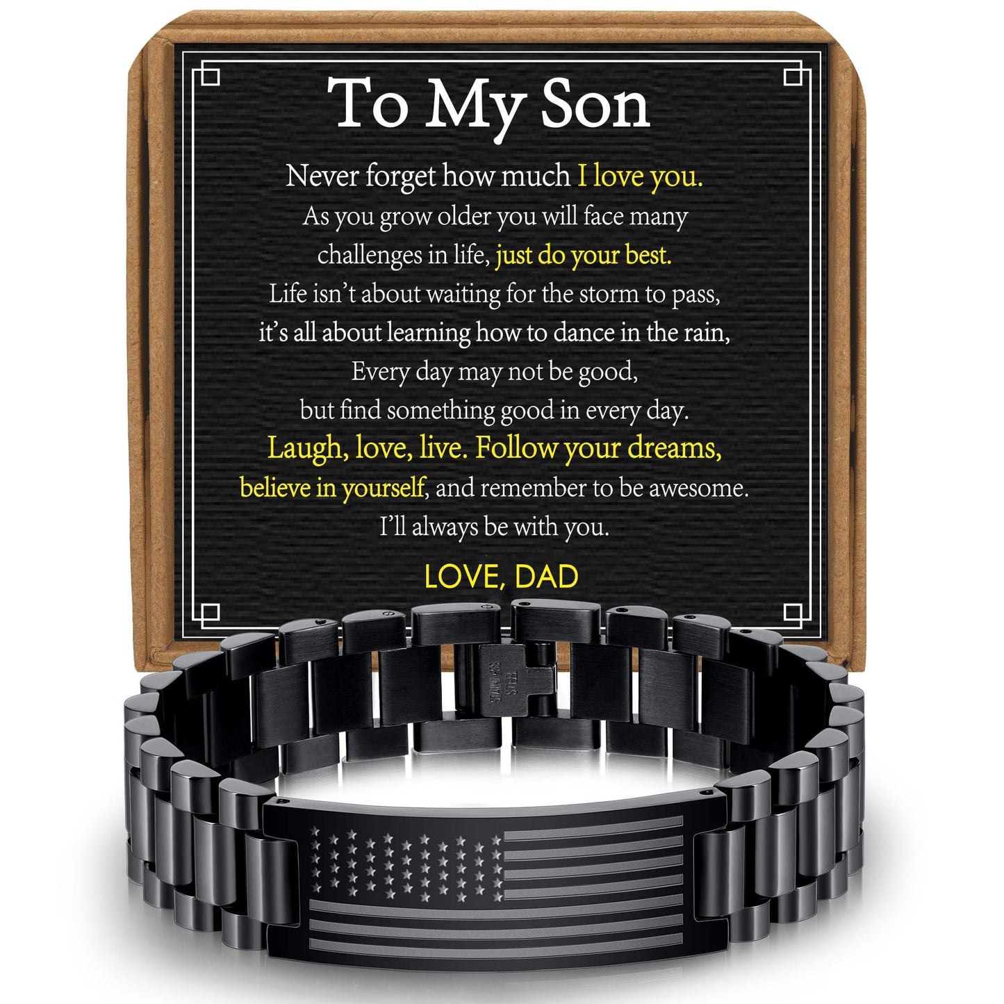 VULETO To My Son Adult Gifts Ideas from Dad, Stainless Steel American USA Flag Watch Band Bracelet Christmas Fathers Day College Graduation Valentines Birthday Jewelry Gifts Presents Dad And Son for Men Teenage Teen Boys Him