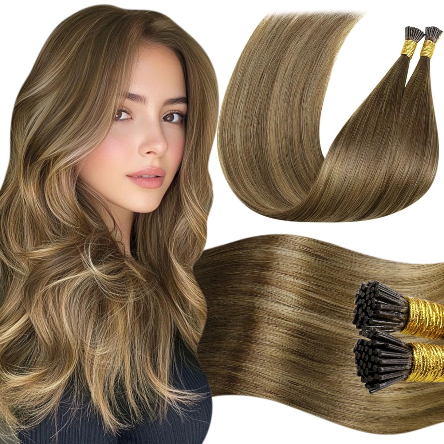 LaaVoo Itip Human Hair Extensions Balayage Brown I Tip Hair Extensions Medium Brown Ombre Light Brown to Golden Brown 18 50g 60s