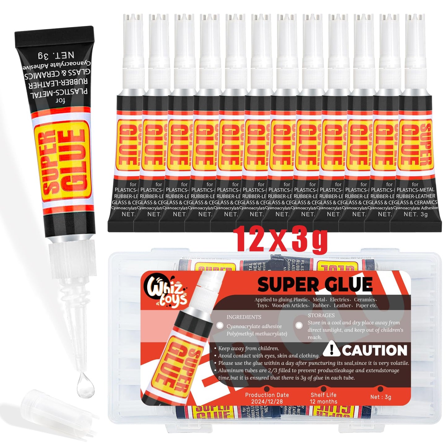 WhizToys Super Glue (12-Pack),Quick-Drying, Clear Liquid Super Glue for Plastic,Metal,Wood, Ceramic,Rubber and More,Strong Bonding Adhesive for Crafts,Repairs,DIY
