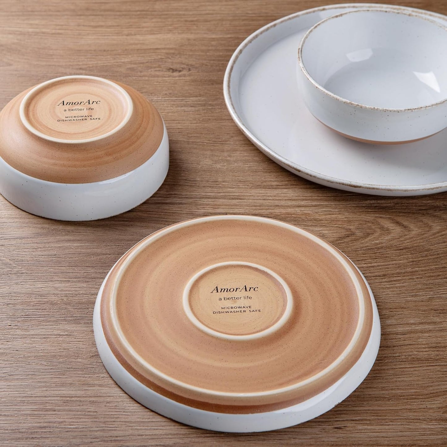 AmorArc Ceramic Dinnerware Sets for 4, 12 Pieces Handpainted Plates and Bowls Set with Rustic Terracotta Underside, Scratch Resistant Stoneware Dishes Set, Dishwasher & Microwave Safe, White