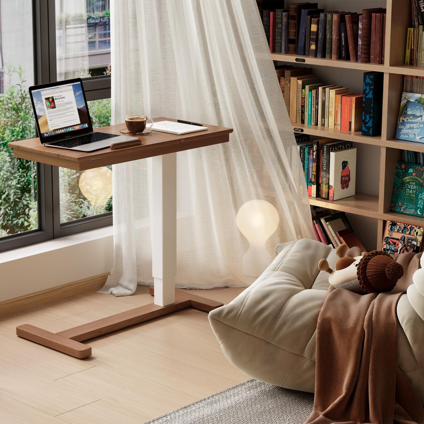 Muwuele Solid Wood Overbed Bedside Table with Wheels, Adjustable Medical Tilt Top Hospital Bed Table Over The Bed, Rolling Laptop Desk, Mobile Standing Desk for Hospital and Home Use (Walnut)