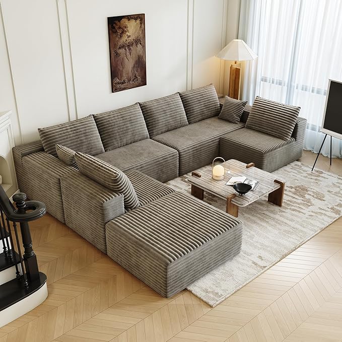 139.4" Modular Sectional Sofa, Oversized U-Shaped Minimalist Couches with 2 Middle Seats and 1 Ottoman Chaise, Modern Deep Seat Convertible Sleeper Sofa, Cloud Plush Corduroy Fabric,7 Seater, Camel
