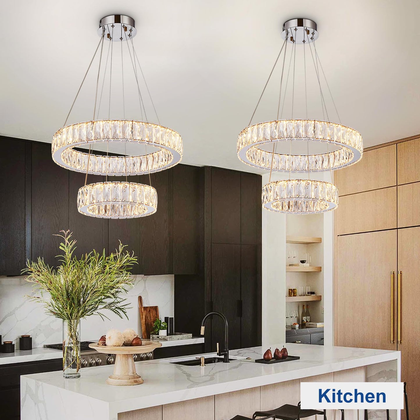 Depuley Modern LED Crystal Chandelier: 11.8" + 19.7" Rings Dimmable Pendant Light Adjustable for Dining Room - 42W Double-Decker Round Crystal Chandeliers for Bedroom Living Room Porch Foyer