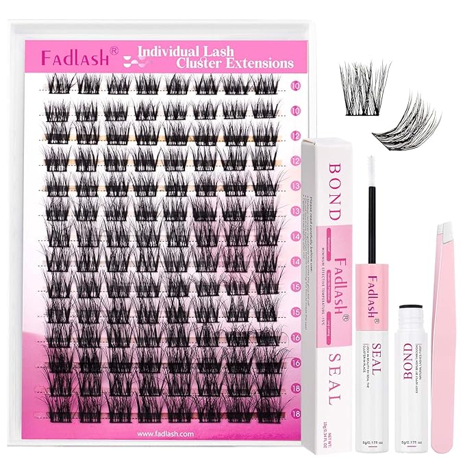FADLASH Lash Extension Kit, FADLASH DIY Individual Lashes Clusters Kit with 3D Lash Clusters Lash Bond and Seal and Lash Tweezers for DIY Eyelash Extension Easy to Apply at Home(R02-07-D-10-18MIX）