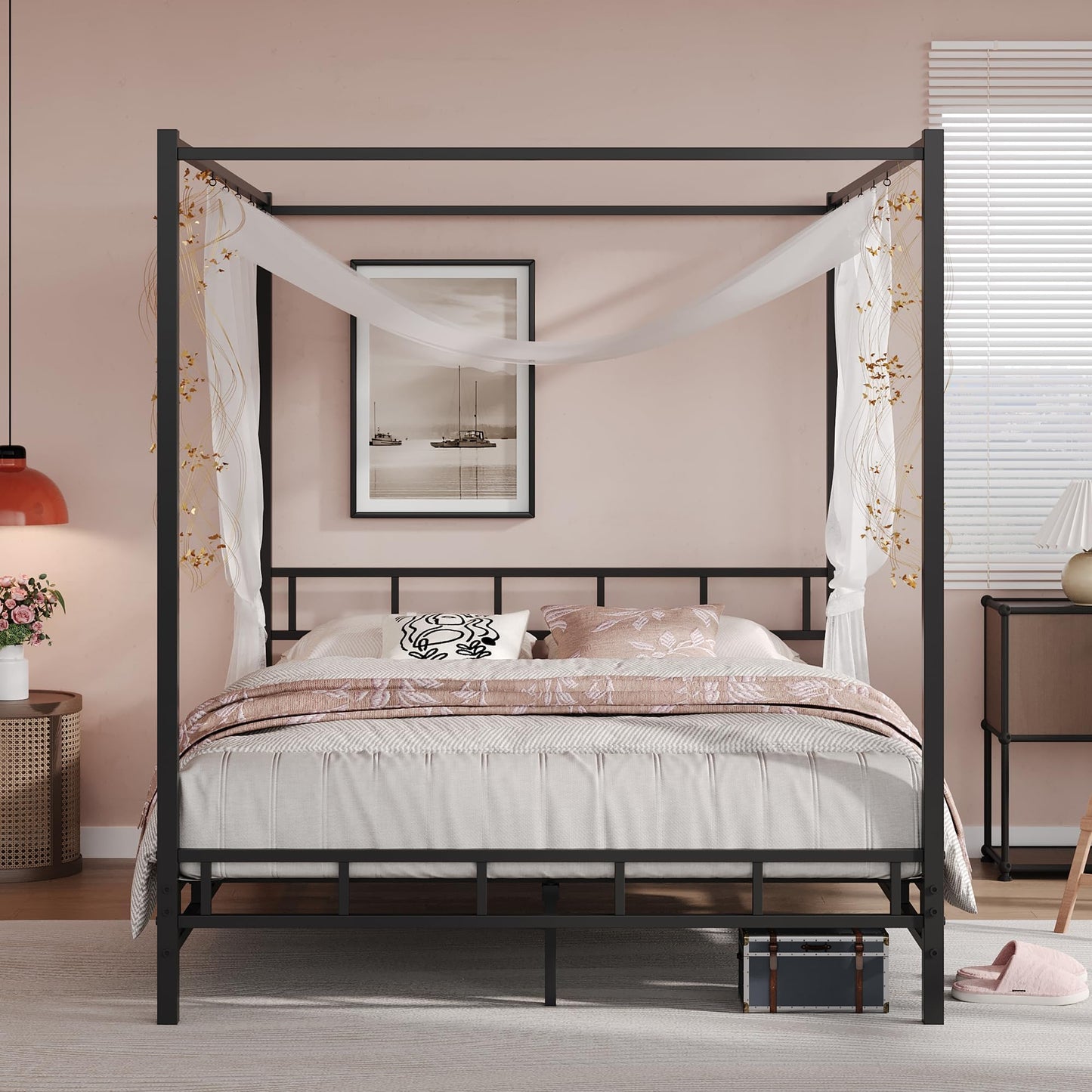 Canopy Bed Frame Full with Headboard and Footboard, Mattress Foundation Platform with Metal Slats Support, Underbed Storage Space, No Box Spring Needed, Easy Assembly, Black