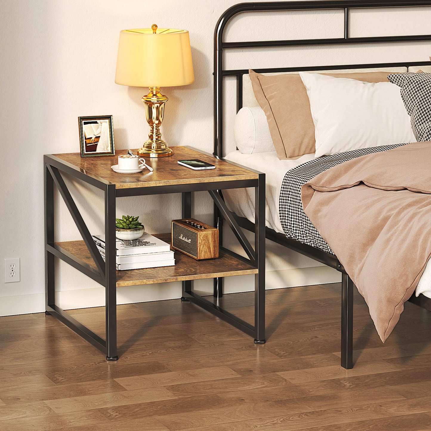 MUTUN 50cm Square End Table, 20 Inch Side Table for Living Room, Bedside Table for Bedroom, Nightstand, Small Table, Rustic Brown