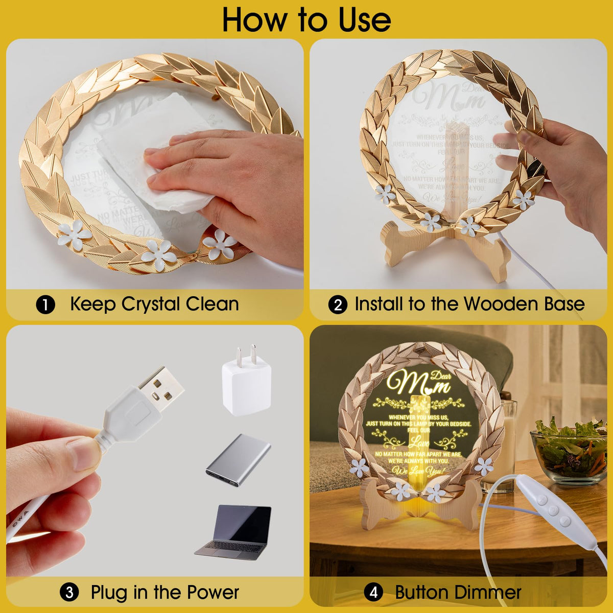 EVA murmure Birthday Gift for Mom from Daughter or Son - Luxury Crystal Plate with Gold Rim & Dimmable LED Light, Elegant Night Lamp for Mother, Best Gift Idea for Mom