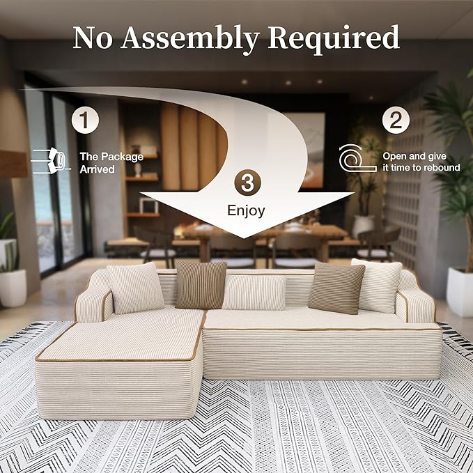 SUNSHINE VALLEY Cloud Sectional Couch for Living Room, 104'' L-Shaped Modular Sofa with Chaise, Modern Corduroy Boneless Couch with Deep Seat, No Assembly Required, Beige